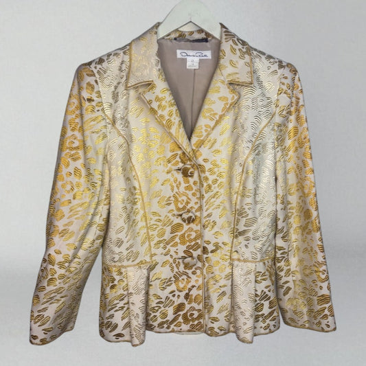 Vintage Blazer Oscar De La Renta Jacket Gold Cream Animal Brocade Women's 12