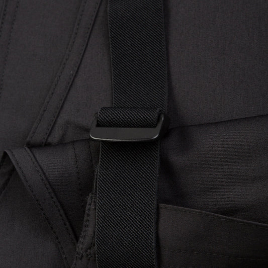 Close-up of a black backpack strap on a dark background