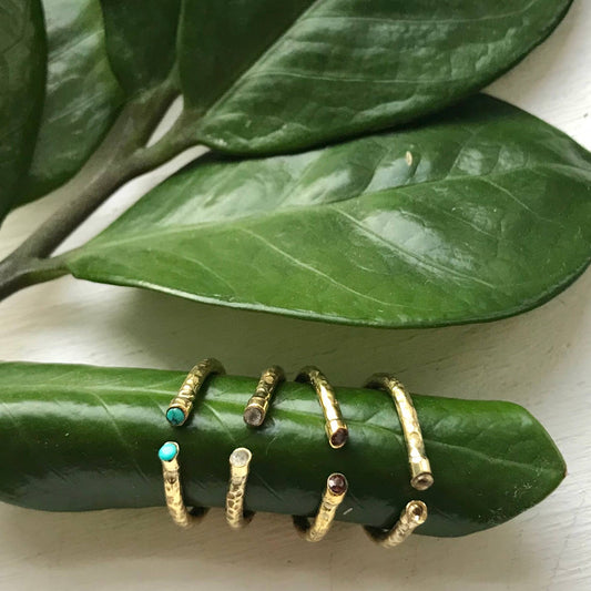 Textured Brass Ring with Double Faceted Stones