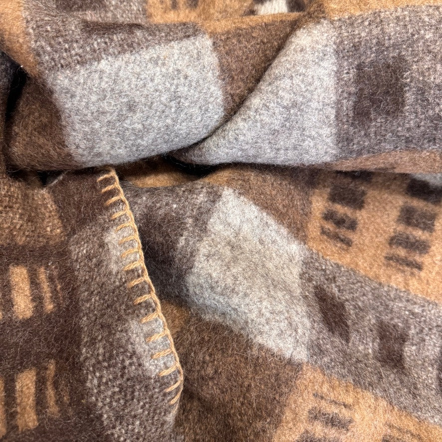 Vtg Brown Wool Blanket Bound Edges Throw Blanket Geometric Pattern 76"x49"