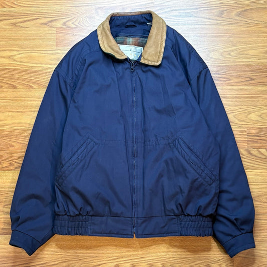 Vintage 1990s Towne London Fog Jacket L Navy Plaid Lined Bomber Leather Collar