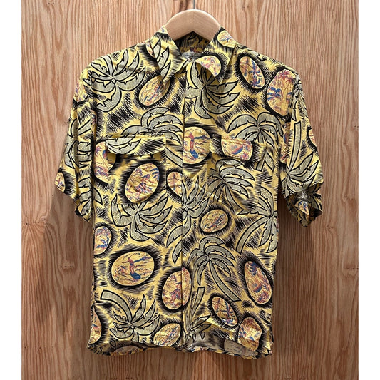 Vintage 1990s Reyn Spooner Hawaiian shirt Yellow Palm Surfer Men's Medium