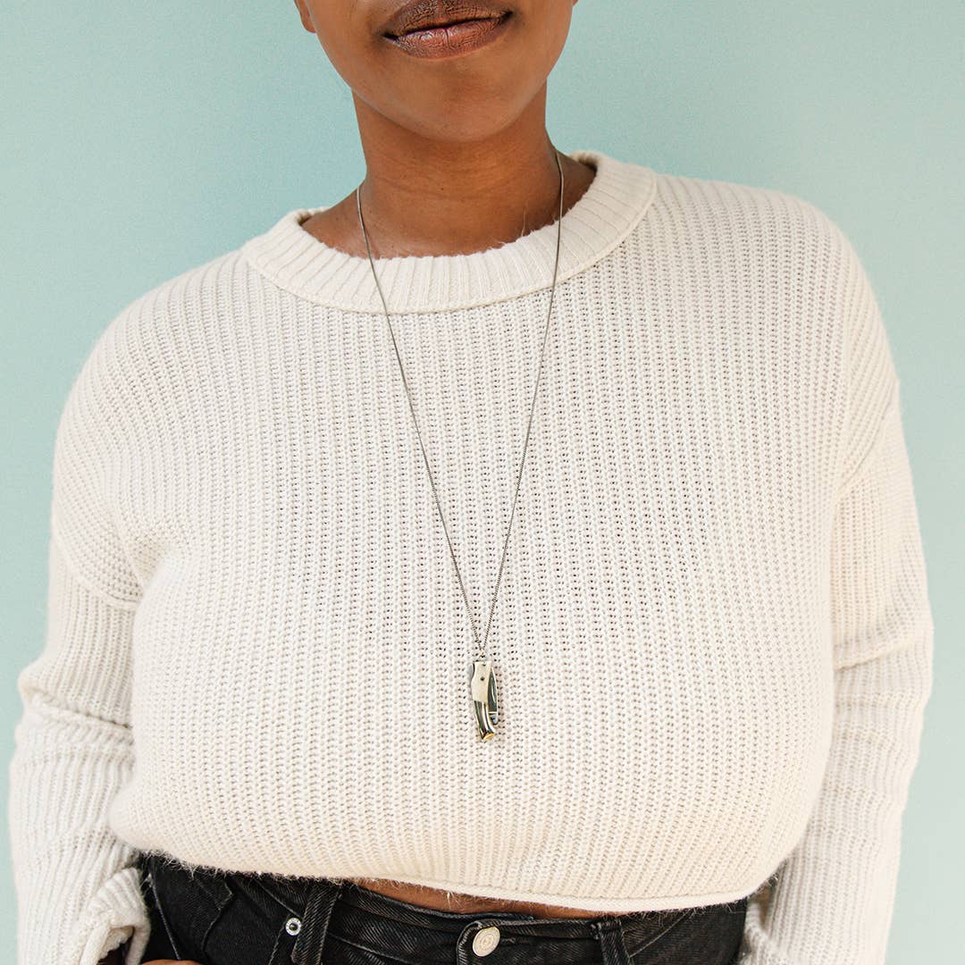 Curvilinear Bone Lockback Knife on Silver Chain Necklace
