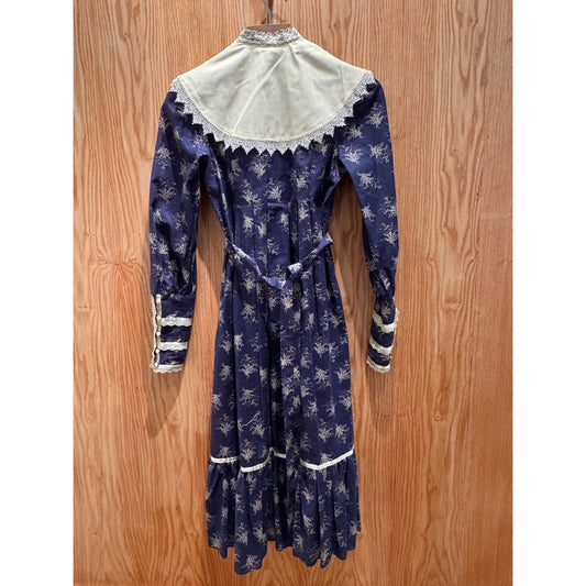 Vintage Gunne Sax by Jessica Prairie Dress Lace Blue Floral Collar 7 XS Buttons