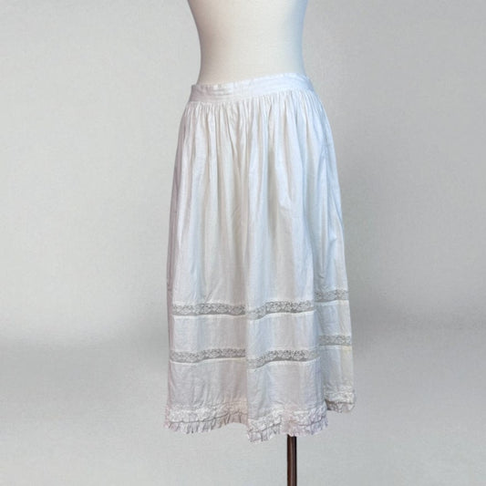 Vintage Edwardian Petticoat White Tiered Skirt Cotton Lace Ruffle Medium
