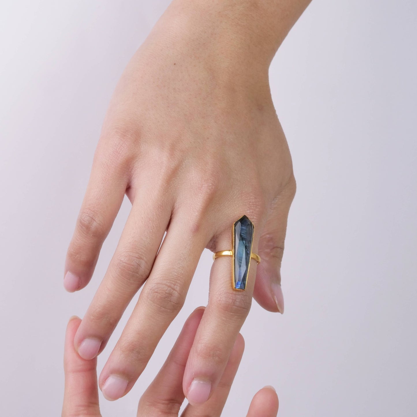 Long Brass Labradorite Bar Ring