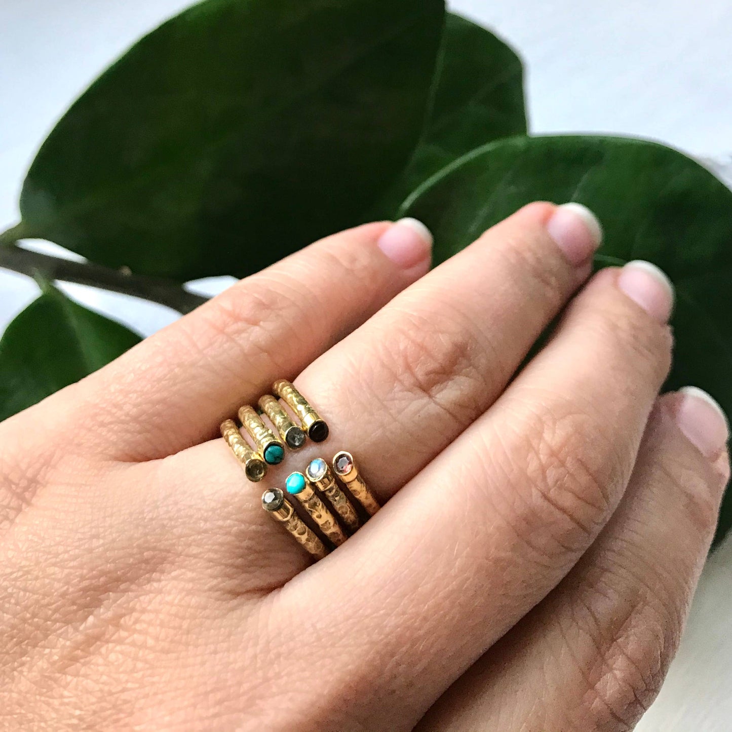 Textured Brass Ring with Double Faceted Stones