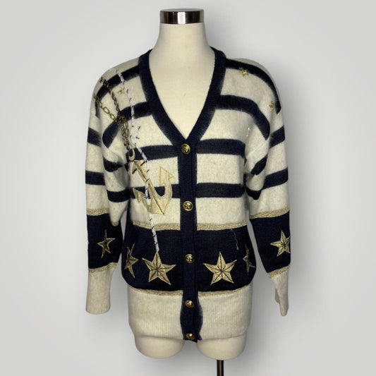 Vintage Nautical Theme Star Angora Lambswool Striped Cardigan Sweater