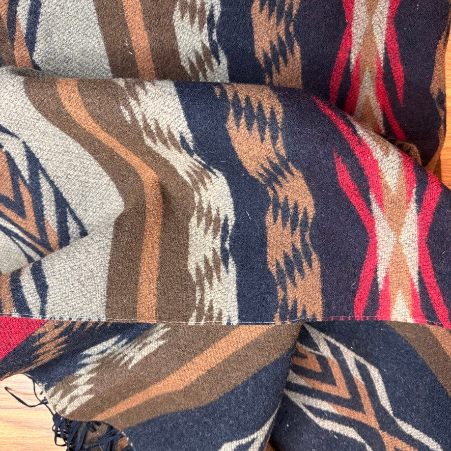 Pendleton Fringed Throw Chimayo Neutrals Black Tan Brown Red 100% Wool  60”x64”