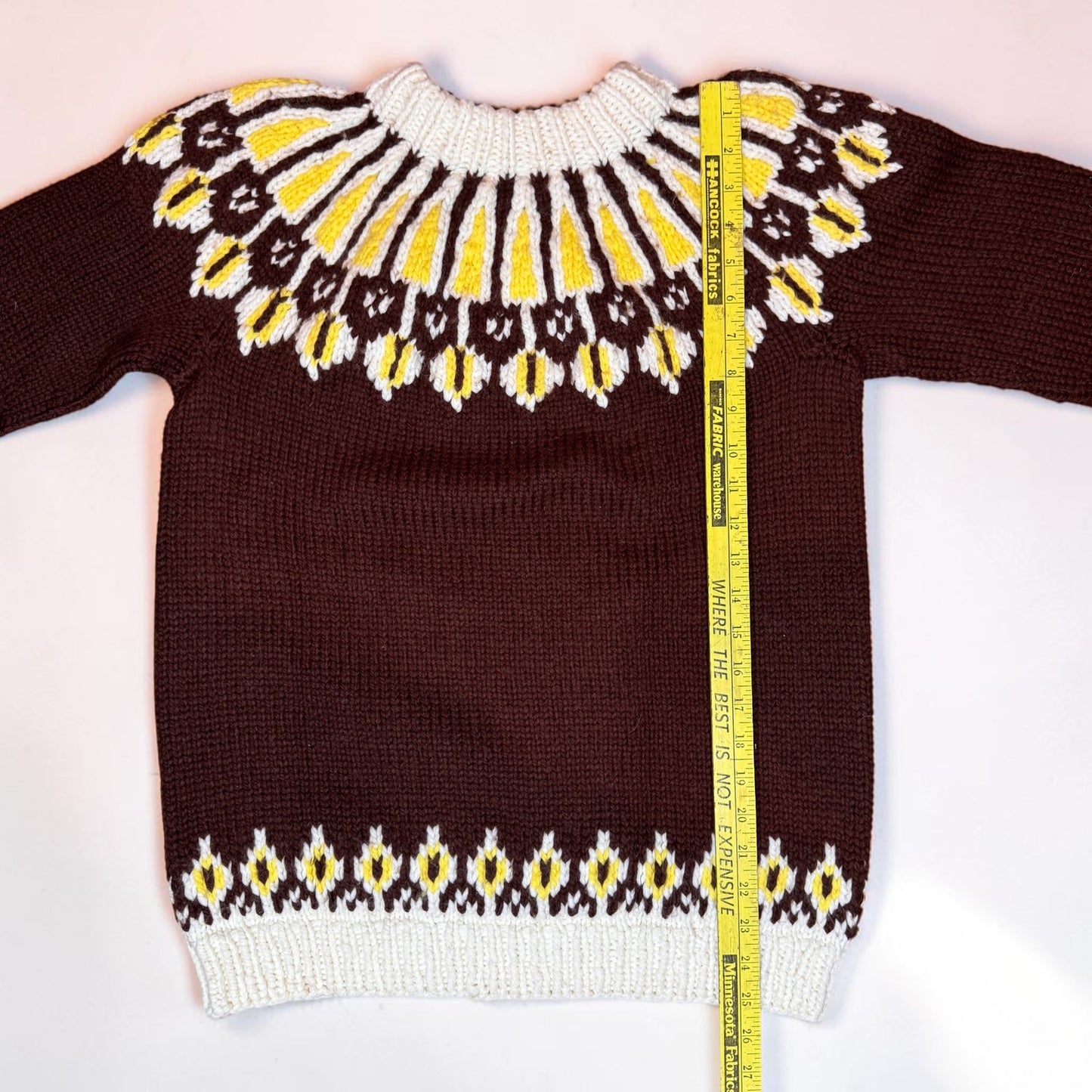 Vintage Handmade Handknit Fair Isle Sweater Wool Brown Yellow White Women's Med