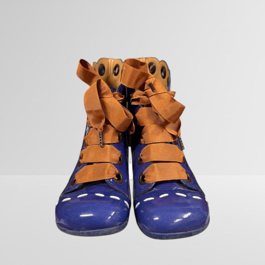 John Fluevog Operetta Licia Blue Ankle Boots Size 7 Blue Yellow White Ribbon