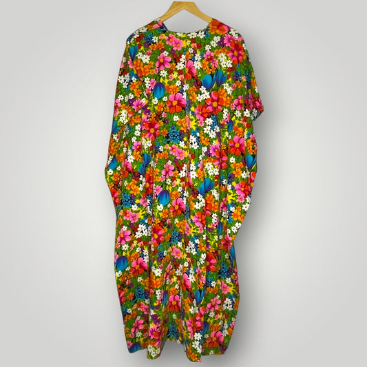 Vintage Kaftan 1960s Floral Bright Crazy Handmade One Size Multicolor