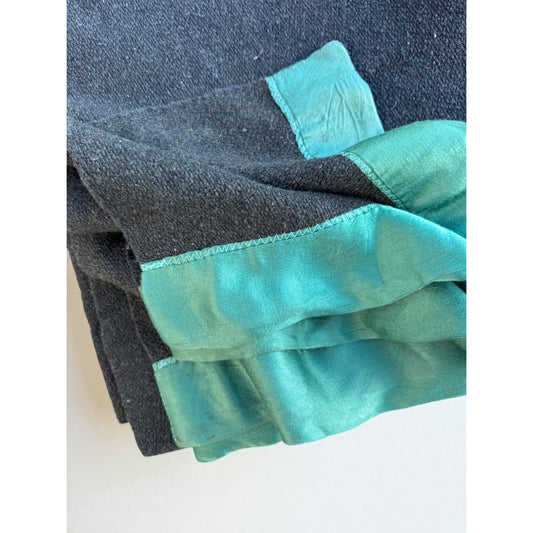 Vintage Unbranded Green Wool Camp Blanket Satin Trim Full Sized 64”x84”