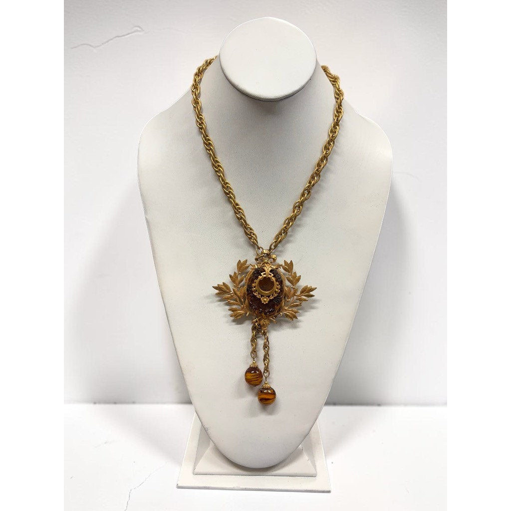 Vintage Miriam Haskell 18" Gold Tone Chain Necklace Laurel Leaf Bead Tassels