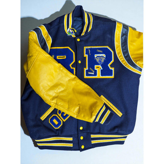 Vintage Varsity Rams Letterman Jacket Pins Y2K 2002 Blue Yellow Men's XL