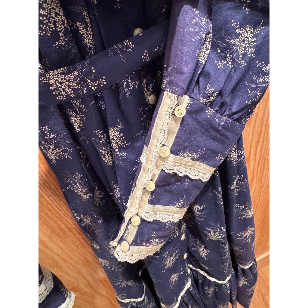 Vintage Gunne Sax by Jessica Prairie Dress Lace Blue Floral Collar 7 XS Buttons