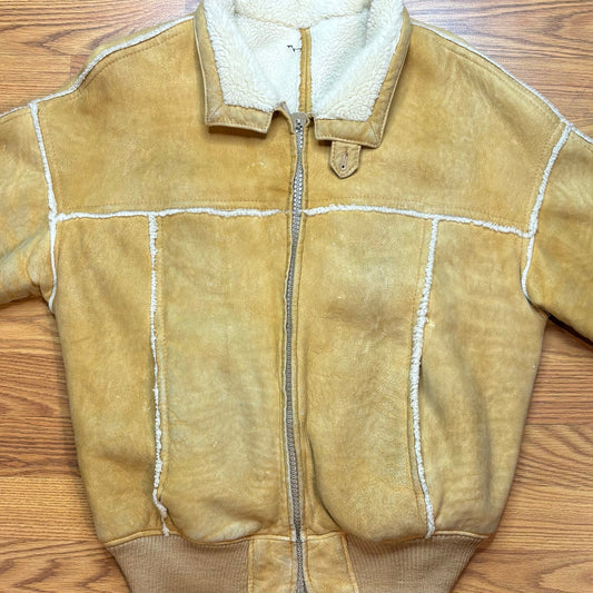 Vintage 1980s Suede Shearling Sheepskin Jacket Mens Large Tan Western Bomber