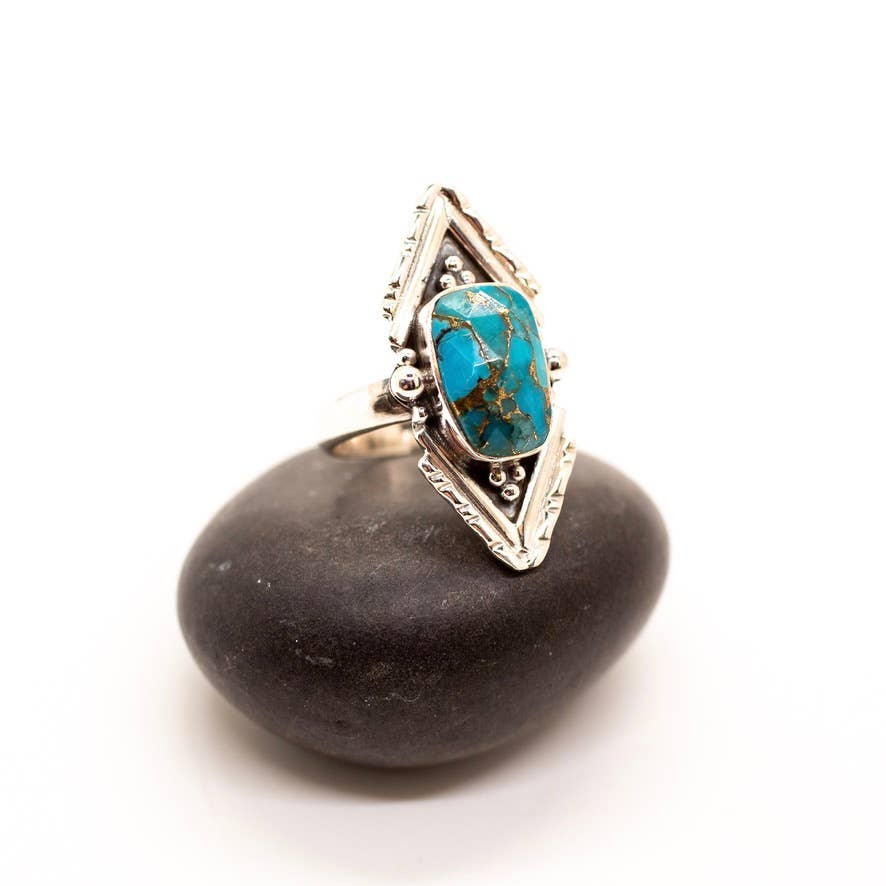 Sterling Silver Copper Turquoise Decorated Point Ring