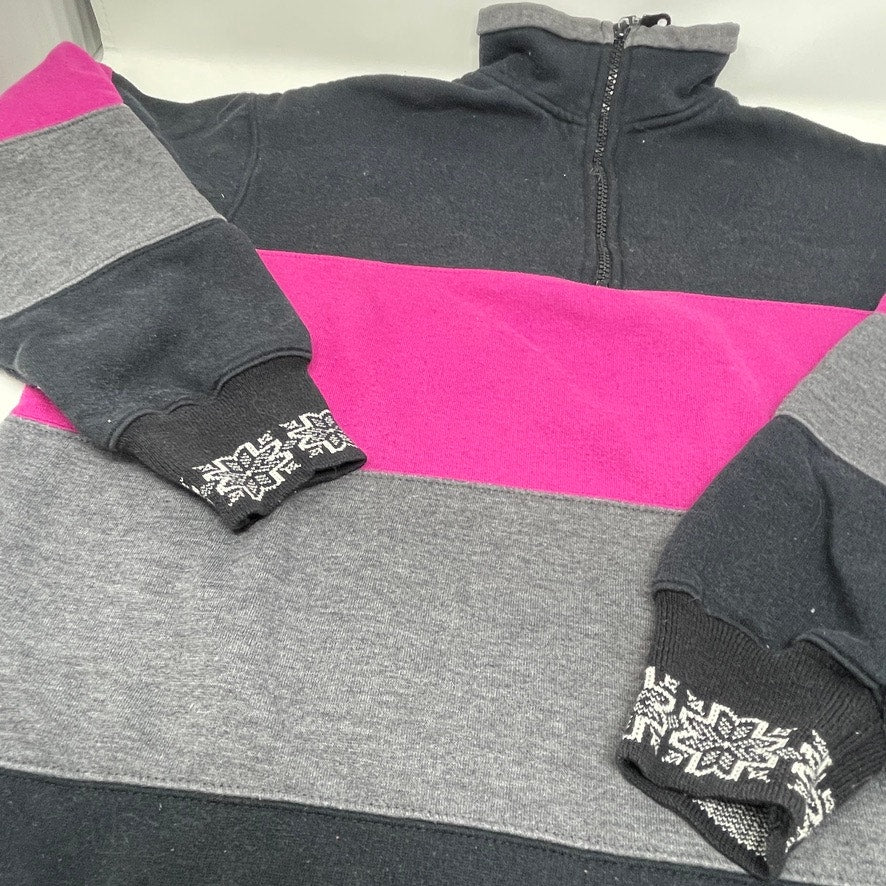 Vtg Pacer Petite Medium 1/4 zip Pullover Colorblock Snowflake Pink Black Gray