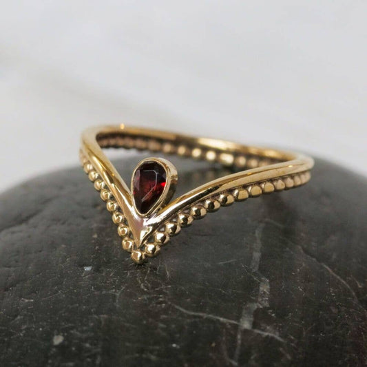 Brass Spotted Chevron Ring with Garnet Stone