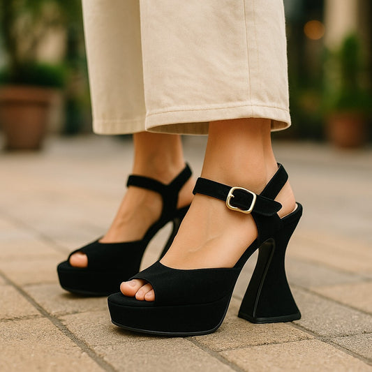 Vintage 8.5 Suede Heel Peep Toe Ankle Strap Black Sculpted Heel Platform