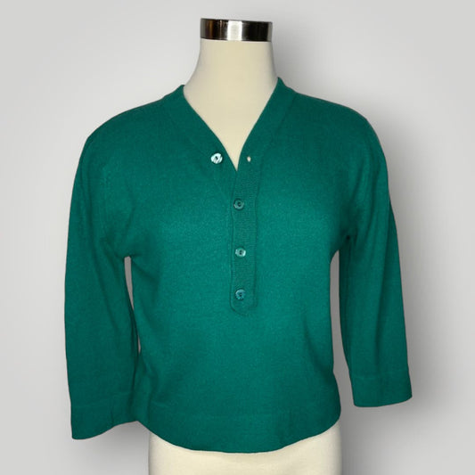Vintage 1960s Dalton Joseph Magnin 100% Virgin Cashmere Green Sweater Button