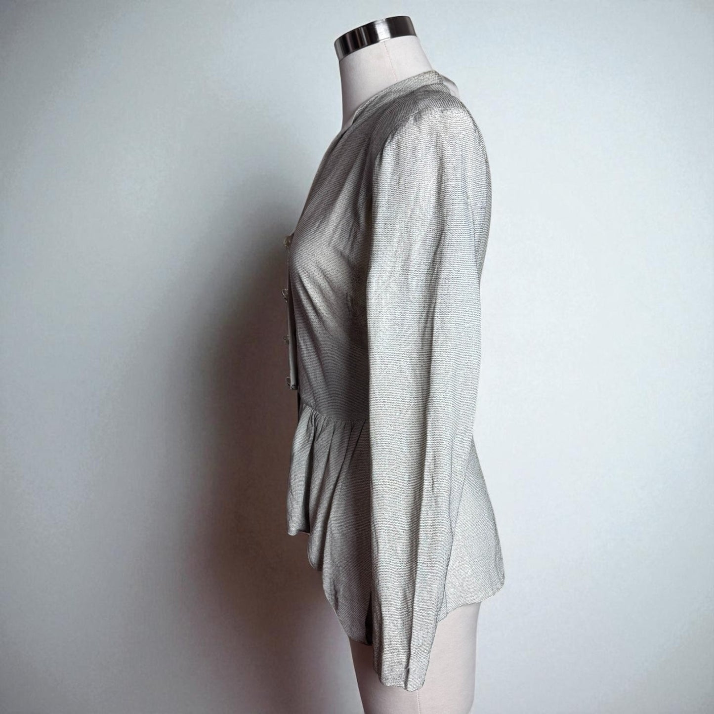 Vintage 1940s Lurex Metallic Button Top Blouse Peplum Hem White Gold Threads