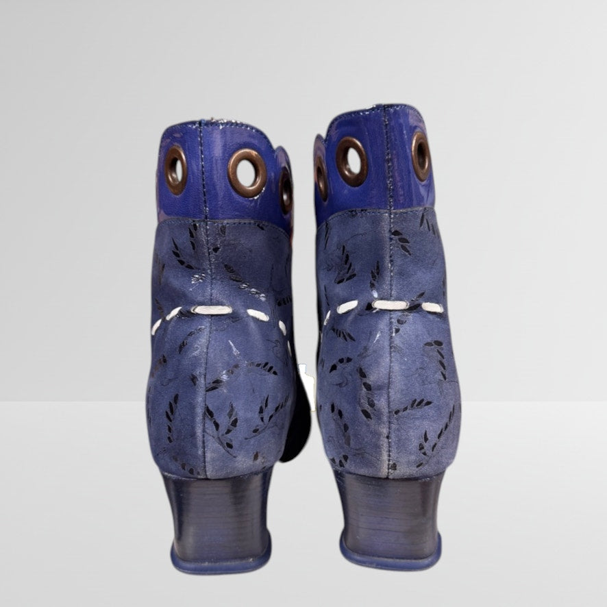 John Fluevog Operetta Licia Blue Ankle Boots Size 7 Blue Yellow White Ribbon