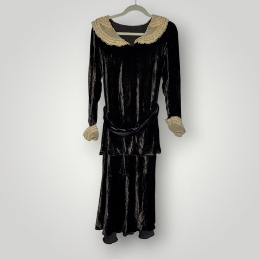 Vintage 1930s Dress Brown Velvet Belted Rhinestone Clasp Lace Collar S/M