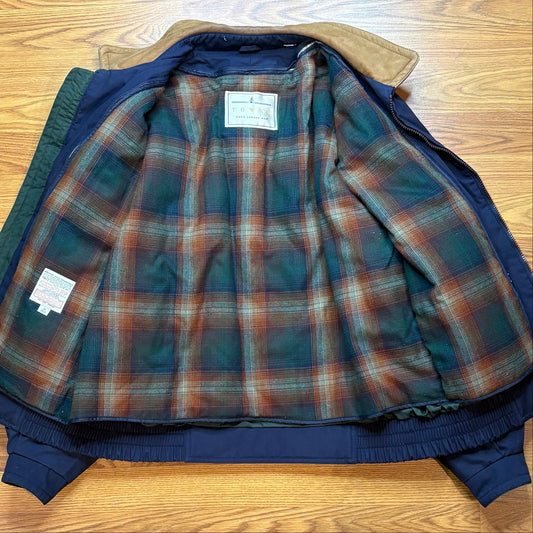 Vintage 1990s Towne London Fog Jacket L Navy Plaid Lined Bomber Leather Collar