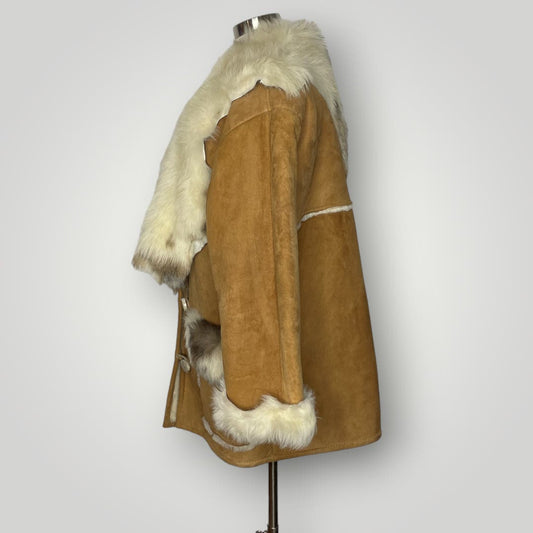 Vintage Coat Overland Sheepskin CO Split Pelt Collar Mid Length Antler Button L
