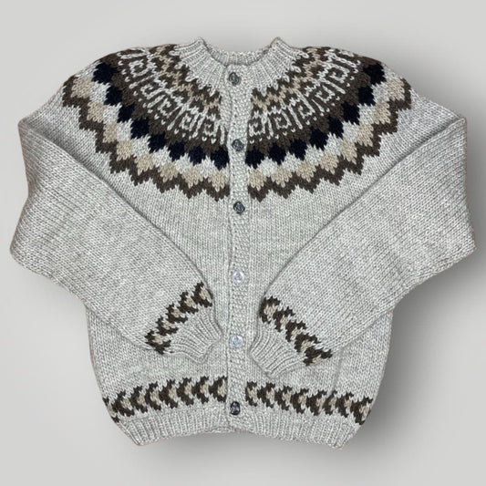 Vintage Handknit Wool Cardigan Chunky Warm Neutrals Fair Isle Top Large