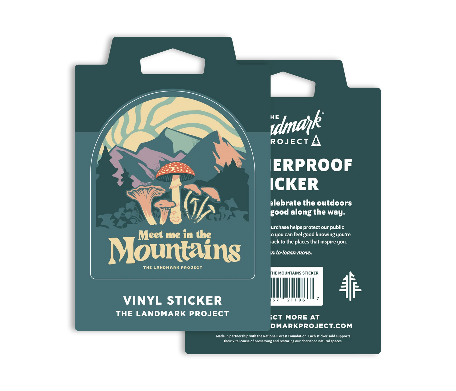 mushroom sticker says meet me in the mountains