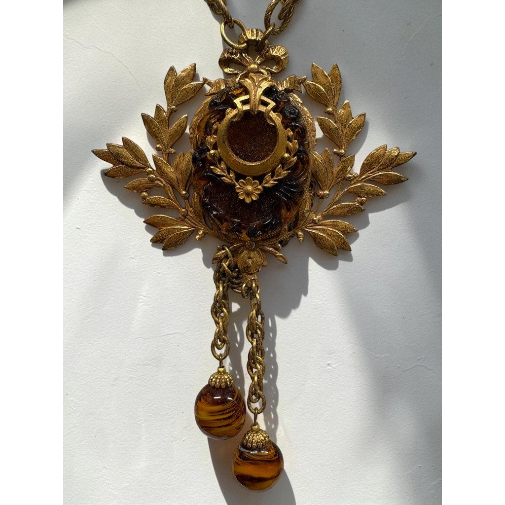 Vintage Miriam Haskell 18" Gold Tone Chain Necklace Laurel Leaf Bead Tassels
