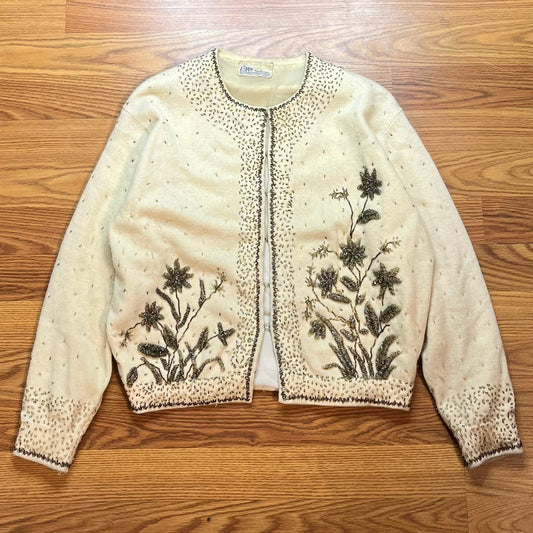 Vintage 1950s LeRoy Knitwear Beaded Floral Wool Cardigan Sweater Women’s M