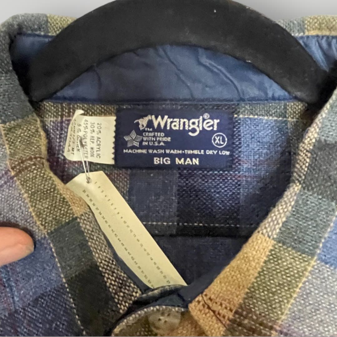 Vintage Wrangler Wool Blend Blue Plaid Button Down Men's XL Big Man