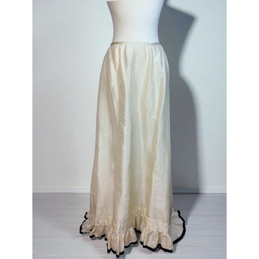 Antique Victorian Silk Skirt with Train Bustle Ivory Black Trim Ruffle Petticoat