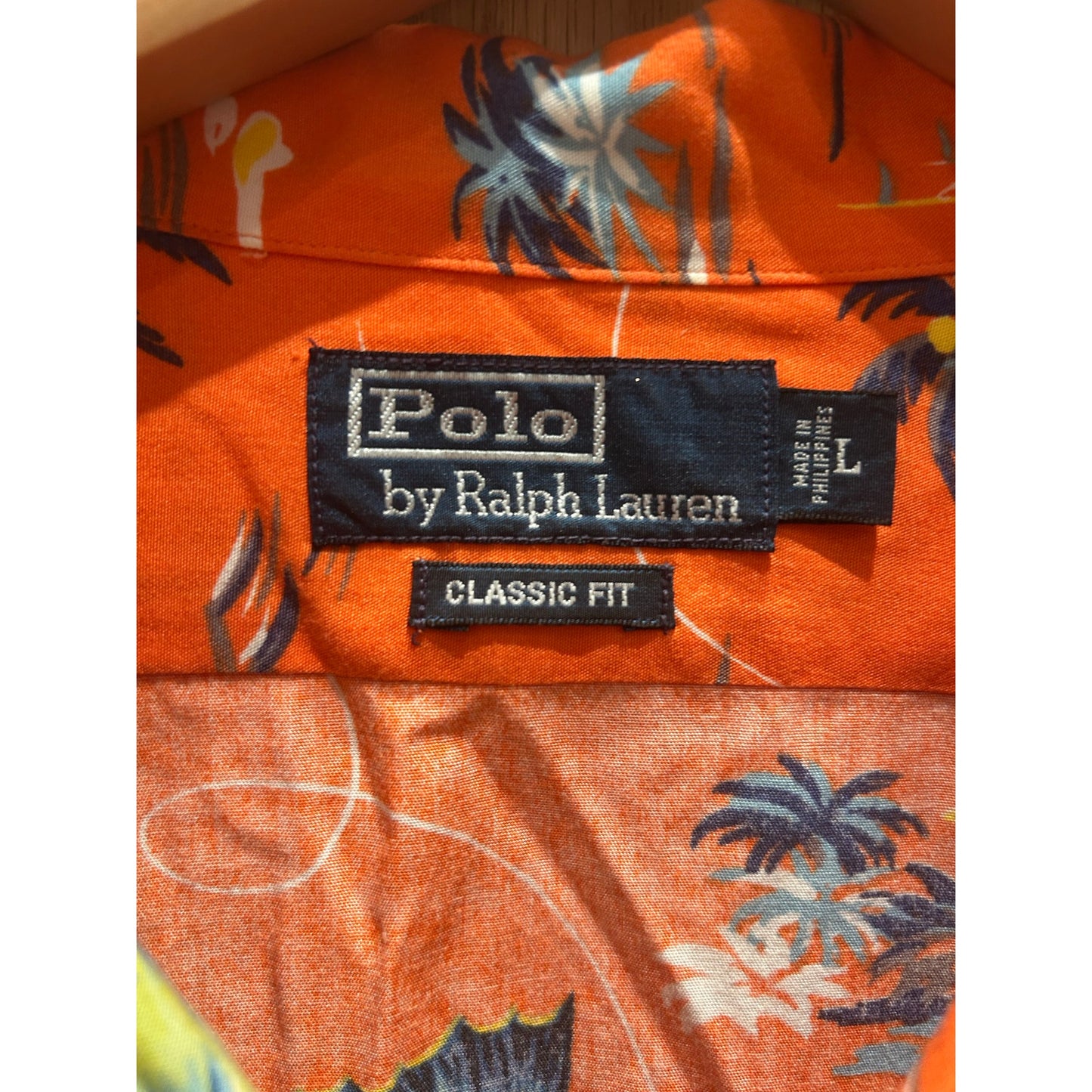 Vintage 1990s Polo Ralph Lauren Orange Hawaiian Marlin Shirt Camp Collar Men's L