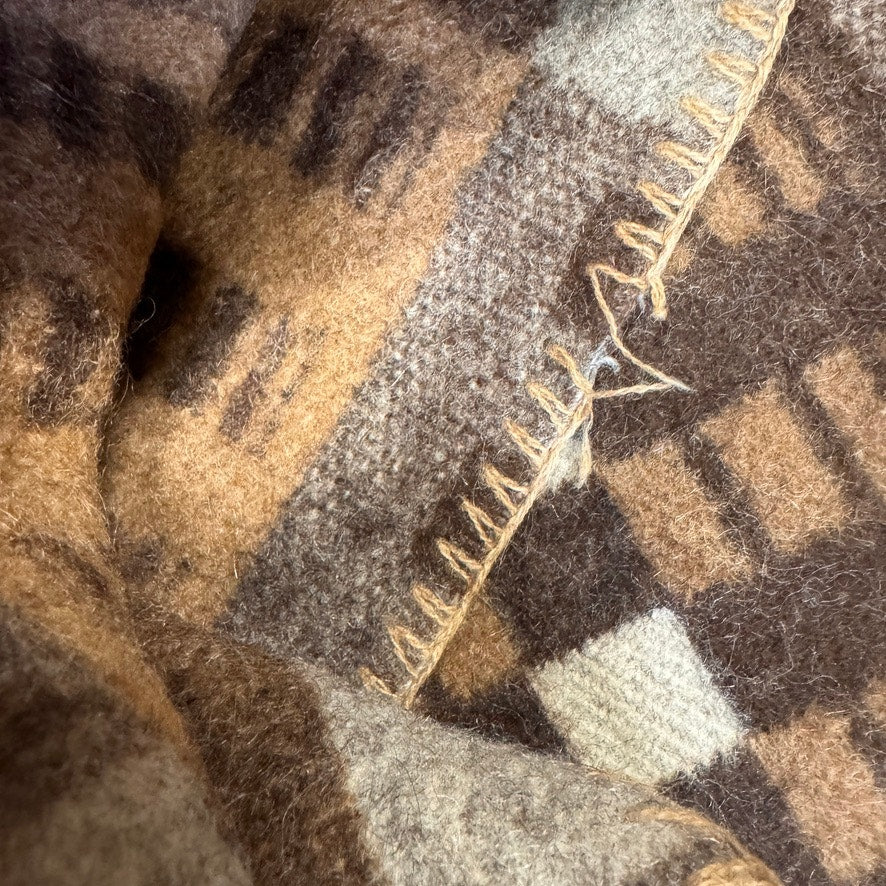 Vtg Brown Wool Blanket Bound Edges Throw Blanket Geometric Pattern 76"x49"
