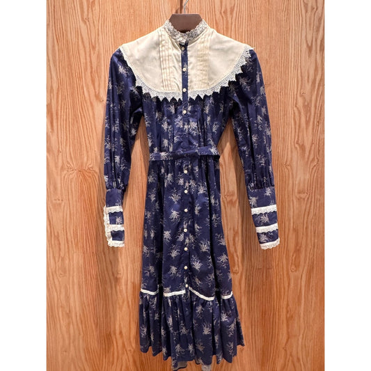 Vintage Gunne Sax by Jessica Prairie Dress Lace Blue Floral Collar 7 XS Buttons
