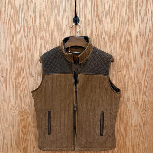 Vintage Patrick James Outerwear Vest Brown Leather Quilted Large Herringbone