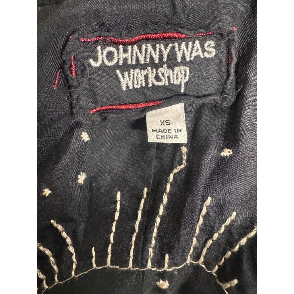Johnny Was Workshop Satin Silk Bomber Jacket Embridered Animals XS Oversized
