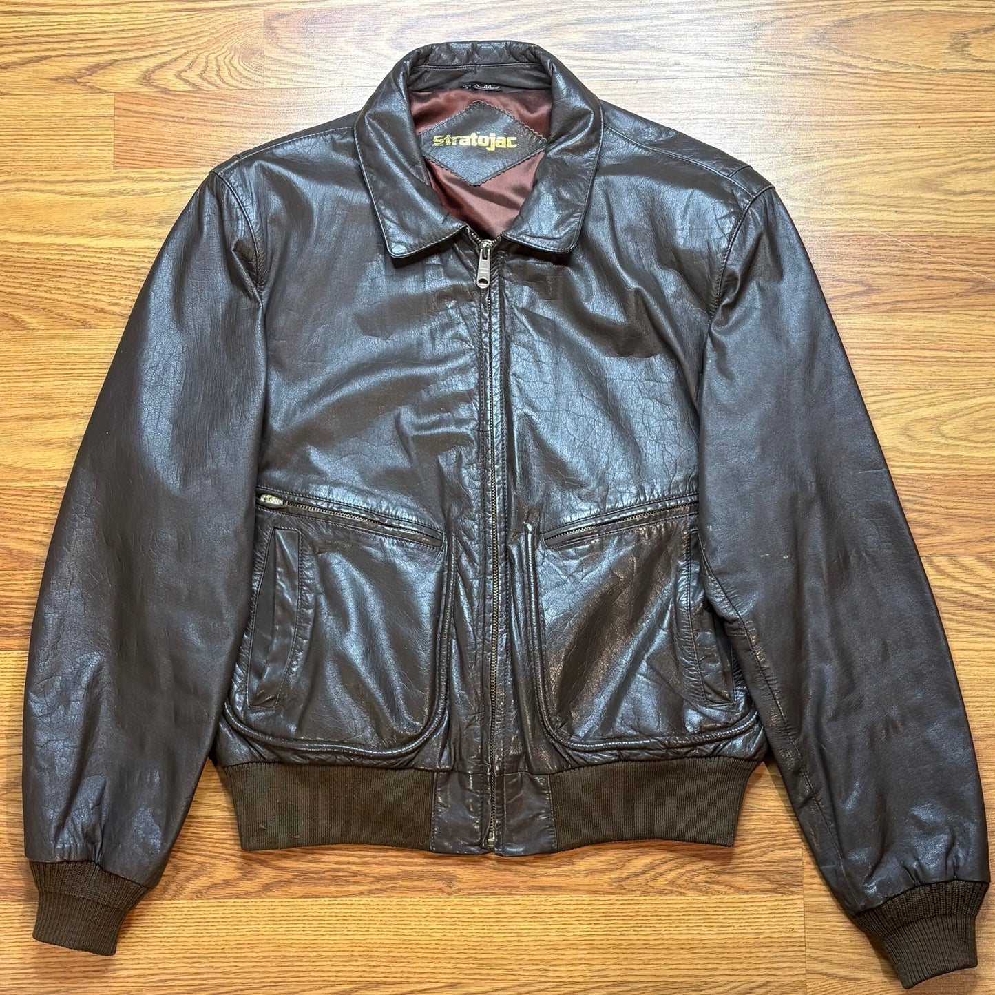 Vintage 80s Stratojac Leather Bomber Jacket Brown Made Korea Mens L