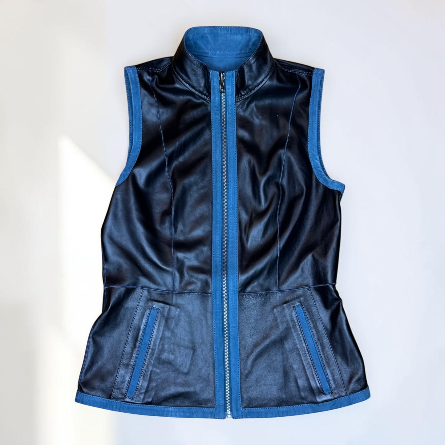 Vintage Unbranded Reversible Leather Vest Blue Black Genuine Y2k Zip Women's XS