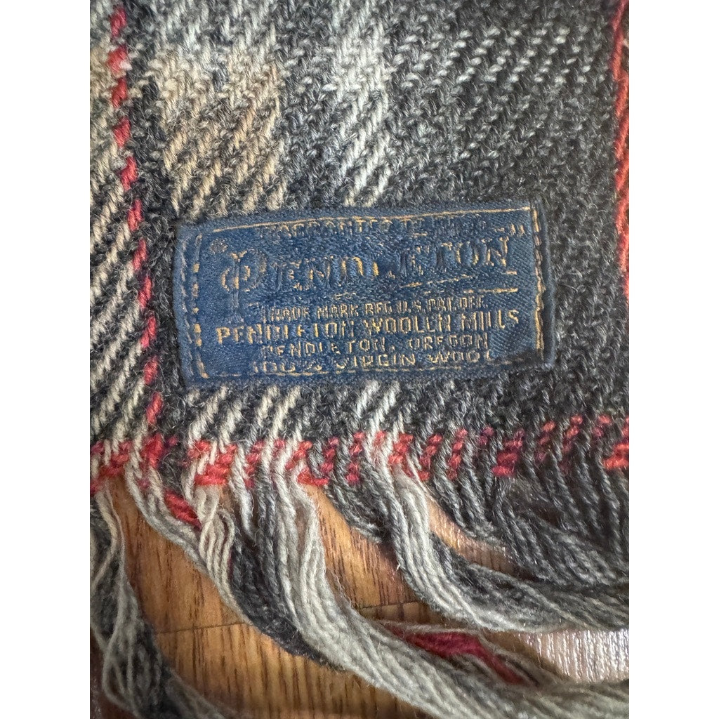 Vintage 1930s Pendleton Wool Blanket Fringe Gray Red 78”x56” Fringed