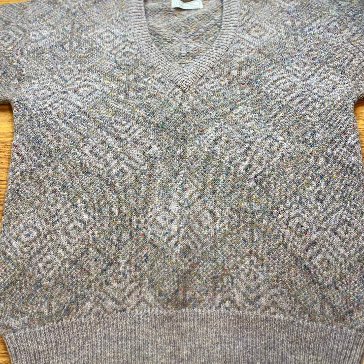 Vintage 1980s Christian Dior 100% Wool Geometric Knit V Neck Sweater Mens Large