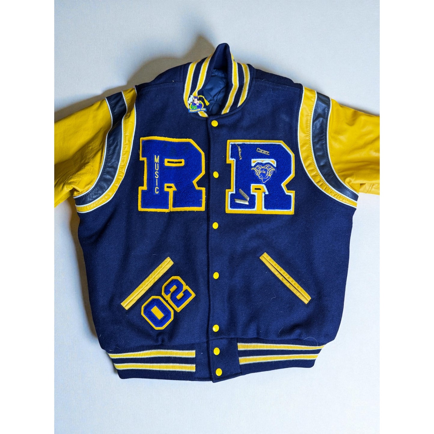 Vintage Varsity Rams Letterman Jacket Pins Y2K 2002 Blue Yellow Men's XL
