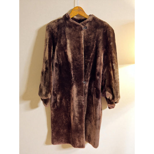 Vtg 40s Rockabilly Structural Balloon Sleeve Chocolate Brown Mouton Fur Coat S/M