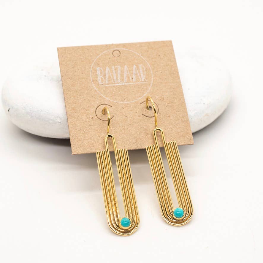 Brass Deco Turquoise Wave Earring