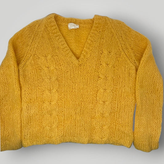 Vintage 1960s Carol Brent Mohair Wool Sweater Yellow Cableknit M/L V Neck